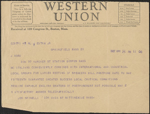 Giuseppe Spinelli telegram to Joseph Moro, Springfield, Mass., April 25, 1927
