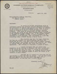 Theodore H. Lunde typed letter signed to Sacco-Vanzetti Defense Committee, Chicago, Ill., April 26, 1927