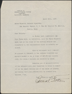 Edward Parker Totten typed letter signed to Sacco-Vanzetti Defense Committee, Fairhope, Ala., April 26, 1927