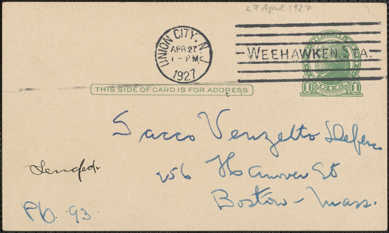 M. Abber autograph note signed (postcard) to Sacco-Vanzetti Defense Committee, Union City, N.J., April 27, 1927