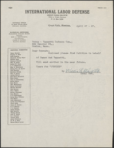 Willis L. Wright (International Labor Defense) typed note signed to Sacco-Vanzetti Defense Committee, Great Falls, Mont., April 27, 1927
