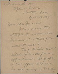 Alice Stone Blackwell autograph letter signed to Mary Donovan, Boston, Mass., April 28, 1927