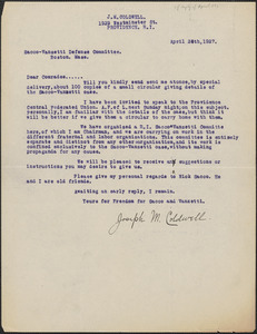Joseph M. Coldwell typed letter signed to Sacc-Vanzetti Defense Committee, Providence, R.I., April 28, 1927