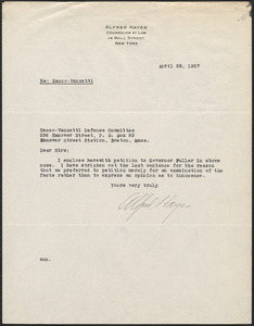 Alfred Hayes typed letter signed to Sacco-Vanzetti Defense Committee, New York, N.Y., April 28, 1927