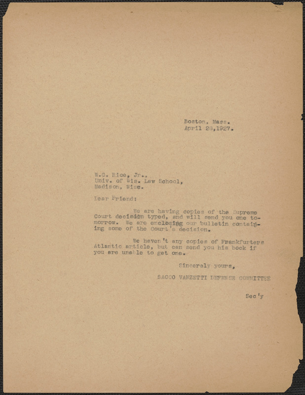 Sacco-Vanzetti Defense Committee typed note (copy) to W. G. Rice, Boston, Mass., April 28, 1927