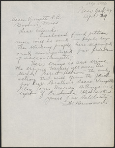 W. Baworowski autograph letter signed to Sacco-Vanzetti Defense Committee, New York, N.Y., April 29, [1927]