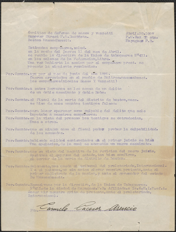 Carmelo Caceres Ascencio typed letter signed, in Spanish, to Sacco-Vanzetti Defense Committee, Mayaguez, Puerto Rico, April 29, 1927