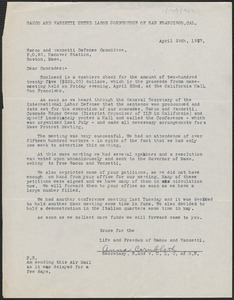 Anna Cornblath (Sacco and Vanzetti United Labor Conference of San Francisco) typed letter signed to Sacco-Vanzetti Defense Committee, San Francisco, Calif., April 29, 1927