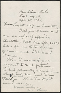 B. L. Haug autograph note signed to Sacco-Vanzetti Defense Committee, Ann Arbor, Mich., April 29, 1927