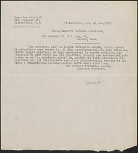 Domenico Mascioli typed note, in Italian, to Sacco-Vanzetti Defense Committee, Plainsville, Pa., April 29, 1927