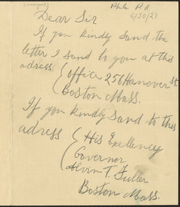 Autograph note signed to Sacco-Vanzetti Defense Committee, Philadelphia, Pa., April 30, 1927
