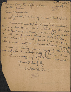 Walter E. Davis autograph note signed to Sacco-Vanzetti Defense Committee, Whitneyville, Conn., April 30, [1927]