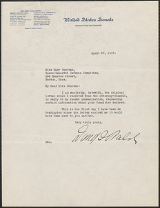David I. Walsh typed note signed to Mary Donovan, Washington, D.C., April 30, 1927