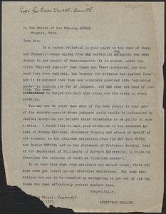 Armistead Collier typed letter (copy) to the Editor, Evening Appeal, Cambridge, Mass., [May? 1927]