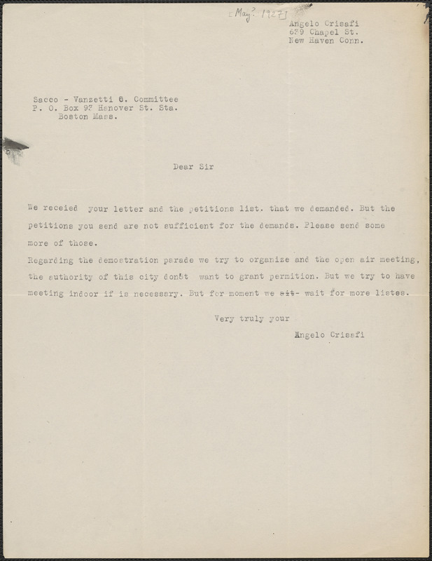 Angelo Crisafi typed letter to Sacco-Vanzetti Defense Committee, New Haven, Conn., [May? 1927]