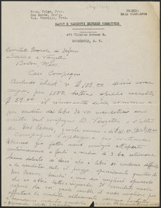 Sam M. Lucia (Sacco e Vanzetti Defense Committee, Rochester) autograph letter signed, in Italian, to Sacco-Vanzetti Defense Committee, Rochester, N.Y., [May? 1927]