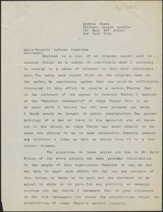 Seymour Stern typed letter signed to Sacco-Vanzetti Defense Committee, New York, N.Y., [May? 1927]