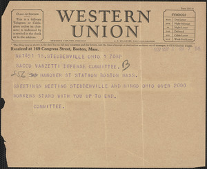 Telegram to Sacco-Vanzetti Defense Committee, Stubbenville, Ohio, May 1, 1927