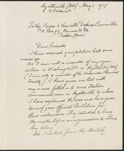 D. H. Brauns autograph letter signed to Sacco-Vanzetti Defense Committee, Hyattsville, Md., May 1, 1927