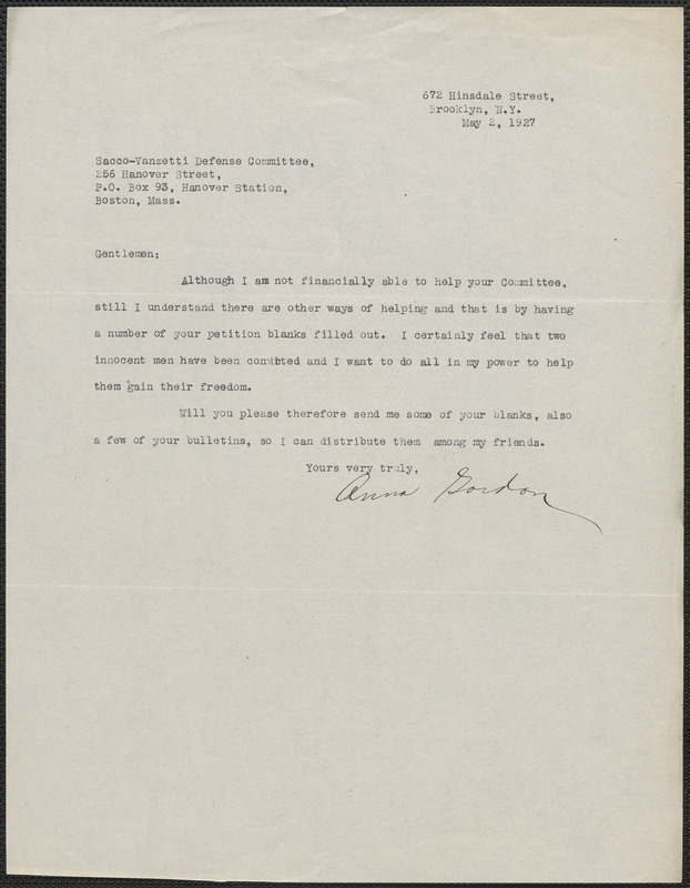 Anna Gordon typed note signed to Sacco-Vanzetti Defense Committee ...