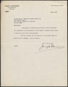 Joseph Barondess typed note signed to Sacco-Vanzetti Defense Committee, New York, N.Y., May 3, 1927