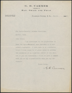 G. D. Carmer typed note signed to Sacco-Vanzetti Defense Committee, Clarence Center, N.Y., May 3, 1927