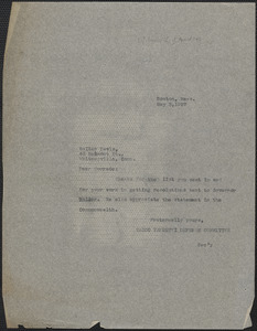 Sacco-Vanzetti Defense Committee typed note (copy) to Walter E. Davis, Boston, Mass., May 3, 1927