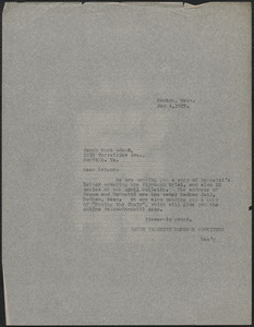 Sacco-Vanzetti Defense Committee typed note (copy) to Sarah Adams Root, Boston, Mass., May 4, 1927