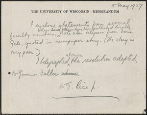 W. G. Rice Jr. autograph note signed to Sacco-Vanzetti Defense Committee, Madison, Wis., May 5, 1927