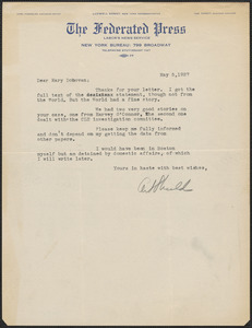 Art Shields (The Federated Press) typed letter signed to Mary Donovan, New York, N.Y., May 5, 1927
