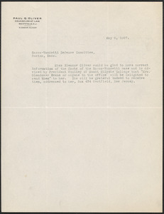 Eleanor Oliver typed note (3rd person) to Sacco-Vanzetti Defense Committee, Westfield, N.J., May 6, 1927