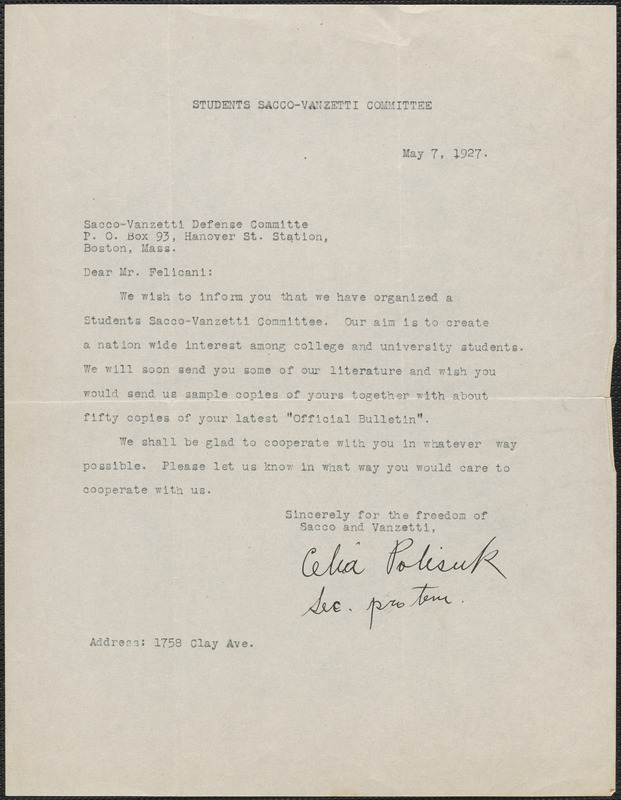 Celia Polisuk (Student Sacco-Vanzetti Committee) typed letter signed to ...