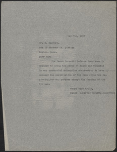 Sacco-Vanzetti Defense Committee typed note (copy) to S. Santoro, Boston, Mass., May 7, 1927