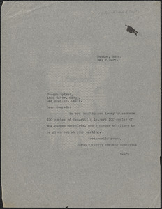 Sacco-Vanzetti Defense Committee typed note (copy) to Joseph Spivak (United Front Sacco-Vanzetti Defense Committee), Boston, Mass., May 7, 1927