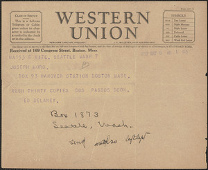 Ed Deleny telegram to Sacco-Vanzetti Defense Committee, Seattle, Wash., May 8, 1927