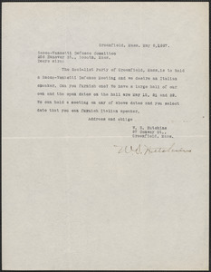 W. S. Hutchins (Socialist Party of Greenfield, Mass) typed note signed to Sacco-Vanzetti Defense Committee, Greenfield, Mass., May 8, 1927