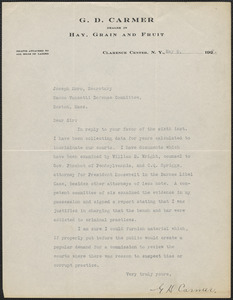 G. D. Carmer typed letter signed to Sacco-Vanzetti Defense Committee, Clarence Center, N.Y., May 9, 1927
