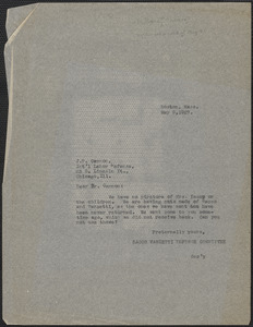 Sacco-Vanzetti Defense Committee typed note (copy) to James P. Cannon (International Labor Defense), Boston, Mass., May 9, 1927