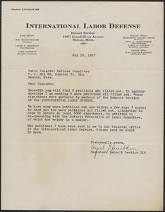 Cyril Lambkin (International Labor Defense) typed letter signed to Sacco-Vanzetti Defense Committee, Detroit, Mich., May 10, 1927