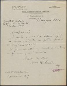 Sam M. Lucia (Sacco e Vanzetti Defense Committee, Rochester) autograph note signed, in Italian, to Sacco-Vanzetti Defense Committee, Rochester, N.Y., May 10, 1927