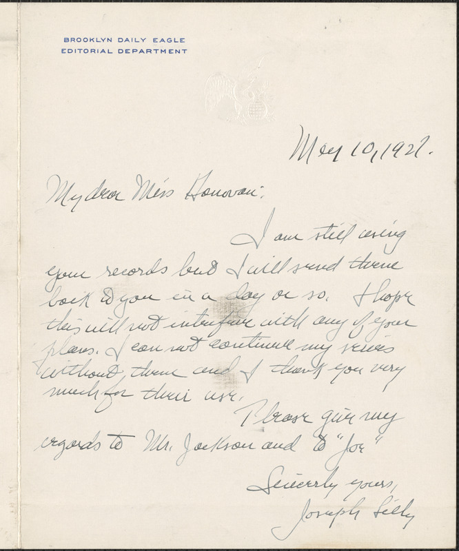 Joseph Lilly (Brooklyn Daily Eagle) autograph note signed to Mary ...