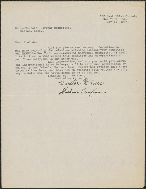 Winston Dancis and Abraham Kaufman typed letter signed to Sacco ...