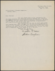 Winston Dancis and Abraham Kaufman typed letter signed to Sacco-Vanzetti Defense Committee, New York, N.Y., May 11, 1927