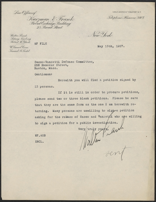 Walter Frank typed letter signed to Sacco-Vanzetti Defense Committee ...