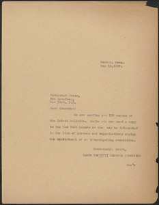 Sacco-Vanzetti Defense Committee typed note (copy) to The Federated Press, Boston, Mass., May 13, 1927