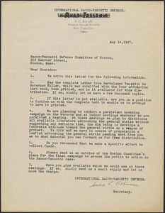 Sadie L. Robinson (International Sacco-Vanzetti Defense) typed letter signed to Sacco-Vanzetti Defense Committee, New York, N.Y., May 14, 1927