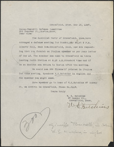 W. S. Hutchins (Socialist Party of Greenfield, Mass.) typed letter signed to Sacco-Vanzetti Defense Committee, Greenfield, Mass., May 15, 1927