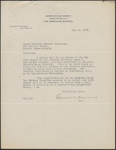 Edward T. Devine typed letter signed to Sacco-Vanzetti Defense Committee, Washington, D.C., May 16, 1927