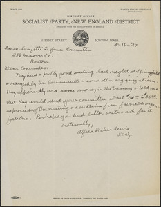 Alfred Baker Lewis (Socialist Party, New England District) autograph note signed to Sacco-Vanzetti Defense Committee, Boston, Mass., May 16, 1927