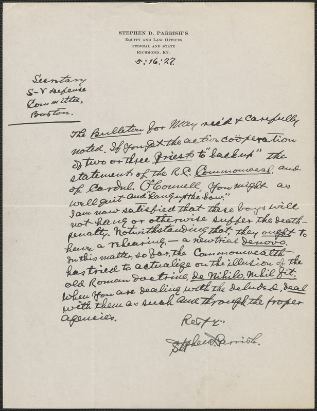 Stephen D. Parrish autograph letter signed to Sacco-Vanzetti Defense Committee, Richmond, Ky., May 16, 1927